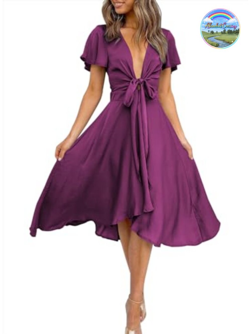 Womens Satin V Neck Ruffle Short Sleeve Tie Front High Waist Midi A-Line Dress